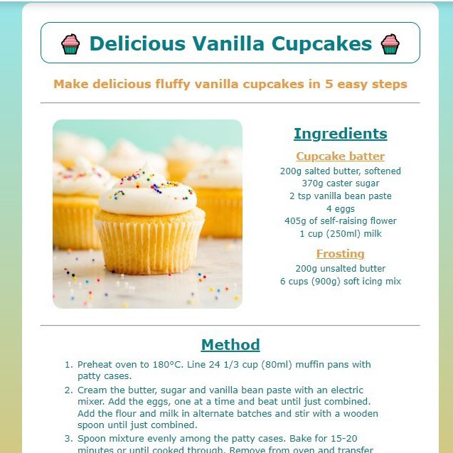 Screenshot of cupcake webpage